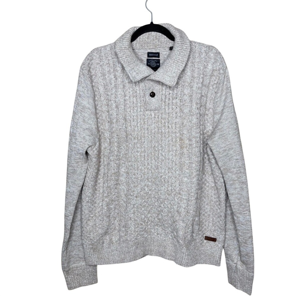 Buffalo David Bitton Mens XL Oatmeal Cable Knit Polo Sweater Preppy Minimalist